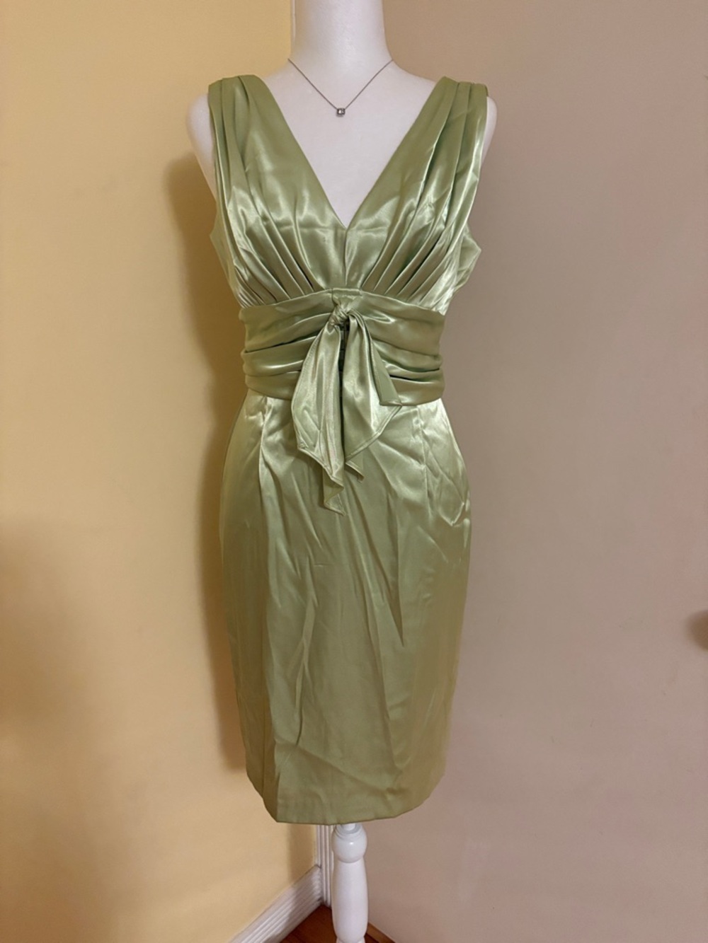 Eliza J Light Olive Satin V-Neck Wrap Midi Dress
